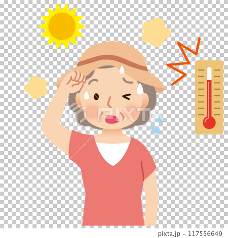 Elderly woman sweating outdoors in high temperatures - heat stroke Elderly woman sweating outdoors in high temperatures - heat stroke 117556649