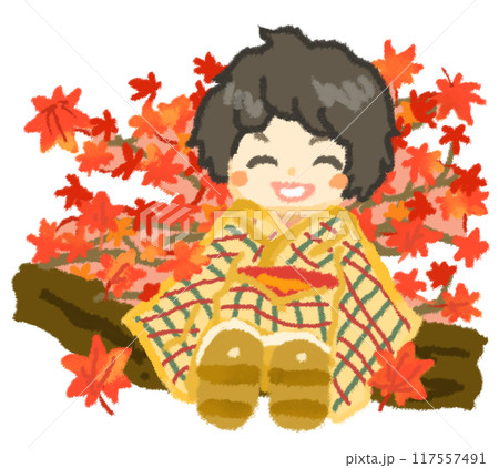木に座って紅葉を楽しむ着物の女の子 117557491