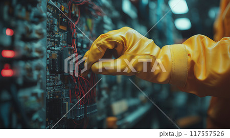 絶縁手袋で配線作業 117557526