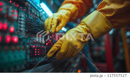 絶縁手袋で配線作業 絶縁手袋で配線作業 117557527