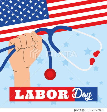 Labor Day graphic with fist holding stethoscope Vector 117557809