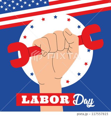 Labor Day graphic with fist holding red wrench Vector 117557815
