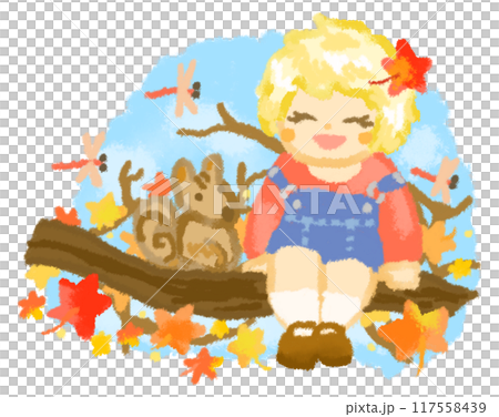 紅葉の木の上で秋を満喫する少女 117558439