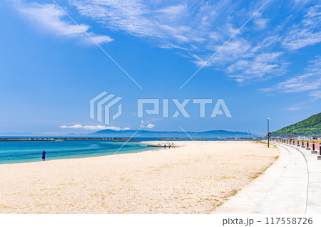 初夏の須磨海水浴場の風景（前方に淡路島・明石海峡大橋が見えます）　神戸市須磨区須磨海浜公園にて 117558726