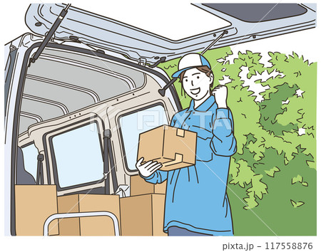 ガッツポーズをする配送ドライバーの女性 117558876
