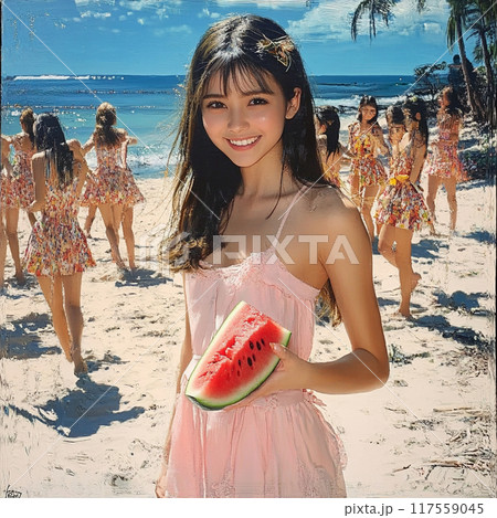 ビーチでスイカを食べる水着女性 117559045