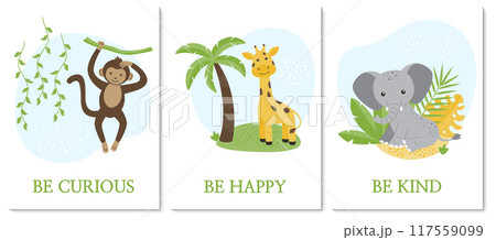 A set of A4 children's posters with an image of an animal. Funny elephant on a background of tropical leaves. A cheerful giraffe on the background of a palm tree. Funny monkey. 117559099