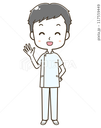 手を上げて挨拶をする若い男性看護師の全身イラスト 117559449