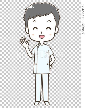 手を上げて挨拶をする若い男性看護師の全身イラスト 117559449
