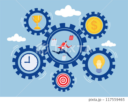 Businessman Running on Gear,Effort and time to make money, Success long term investment, Deadline effect to make people finish work, Running with full effort inside gear cogs 117559465