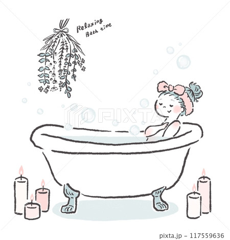 バスルームでリラックスしている女性の線画イラスト バスルームでリラックスしている女性の線画イラスト 117559636