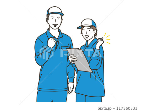 ガッツポーズをする笑顔の作業員の男性と女性 117560533