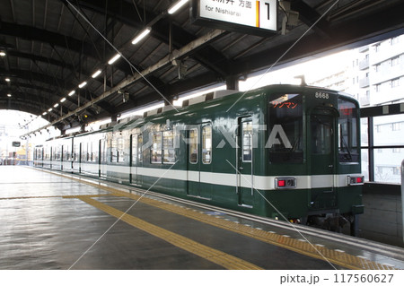 大師前駅に停車中の東武大師線8000系（緑色：草だんご列車） 117560627