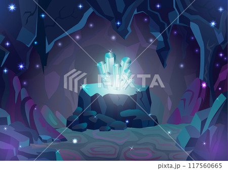 Magic underground cave or cavern landscape with gems, crystals and rocks around in mountain, fantasy game background, adventure concept, cartoon vector illustration 117560665
