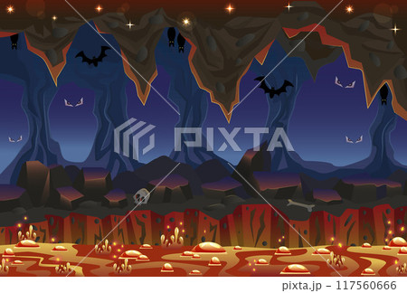 Magic cave or cavern landscape with bats, lava and rocks in mountain, fantasy game background, adventure and Halloeeb concept, cartoon vector illustration Magic cave or cavern landscape with bats, lava and rocks in mountain, fantasy game background, adventure and Halloeeb concept, cartoon vector illustration 117560666