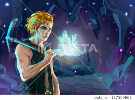 Brave and handsome young miner against magic underground cave background with gems, crystals and rocks in mountain, fantasy game and adventure concept, cartoon illustration 117560668