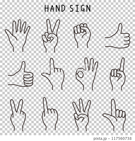 手のベクターイラストセット。アイコン、ハンドサイン、指、ピース 手のベクターイラストセット。アイコン、ハンドサイン、指、ピース 117560738
