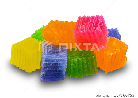 Closeup view pile of colorful cube shape crispy jelly. 117560755