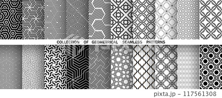 Geometric set of seamless black and white patterns. Simple vector graphics. 117561308