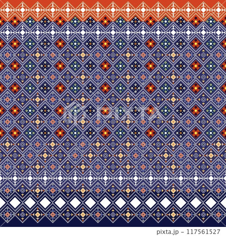 Floral cross stitch embroidery on background.geometric ethnic oriental seamless pattern traditional.Aztec style abstract illustration.design for texture,fabric,clothing,wrapping,print Floral cross stitch embroidery on background.geometric ethnic oriental seamless pattern traditional.Aztec style abstract illustration.design for texture,fabric,clothing,wrapping,print 117561527