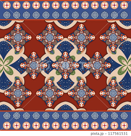 Floral cross stitch embroidery on background.geometric ethnic oriental seamless pattern traditional.Aztec style abstract illustration.design for texture,fabric,clothing,wrapping,print 117561531