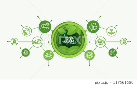 Paper art CO2 or carbon concept with icons. co2 emission using clean energy and limit global warming. renewable energy, planting tree. vector design. Paper art CO2 or carbon concept with icons. co2 emission using clean energy and limit global warming. renewable energy, planting tree. vector design. 117561580