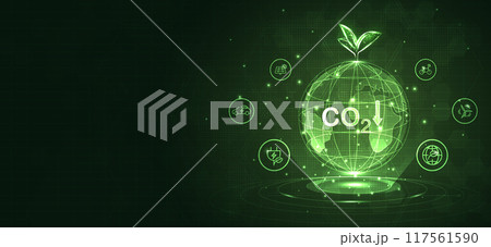 Global with tree and icons of reducing CO2 emissions, ESG, net zero. energy saving concept. save our planet, world environment day, world earth day. sustainable development and green business. vector. 117561590