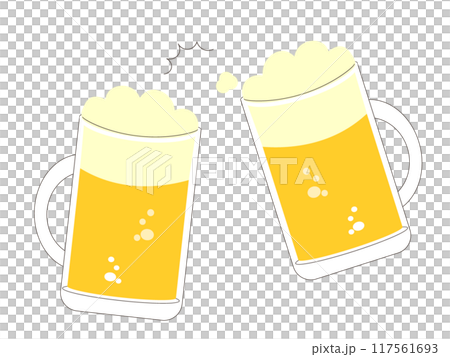 乾杯しているビールジョッキに入った生ビールのイラスト 乾杯しているビールジョッキに入った生ビールのイラスト 117561693