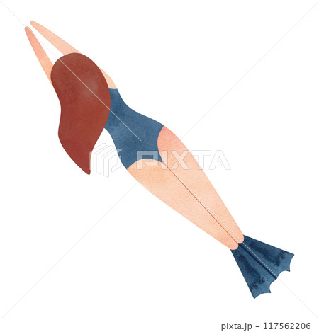 A woman swims underwater in fins and a mask. Watercolor isolated illustration for the design of diplomas and sports certificates, advertising of swimming pools, competitions and resorts. A woman swims underwater in fins and a mask. Watercolor isolated illustration for the design of diplomas and sports certificates, advertising of swimming pools, competitions and resorts. 117562206