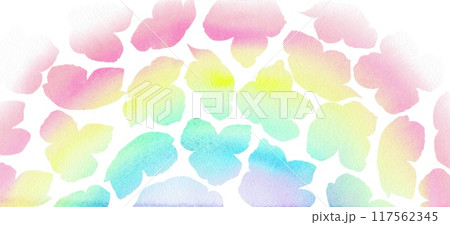 カラフルな花のシルエットでかたどった虹の背景イラスト。水彩絵の具で