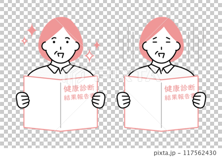 Variation illustration of a senior woman looking at a medical examination result report 117562430