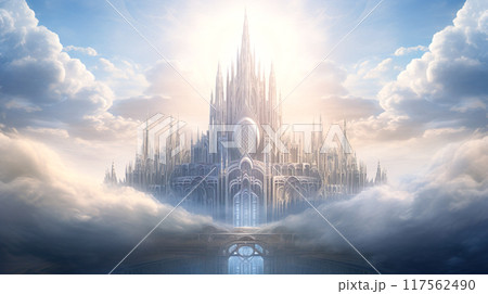 天空に浮かぶ神秘的な白亜のお城 117562490