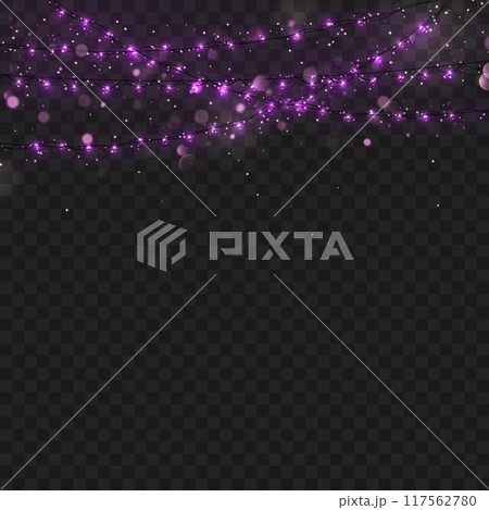 Purple fairy lights with glowing sparkles on a transparent background. Vector Purple fairy lights with glowing sparkles on a transparent background. Vector 117562780
