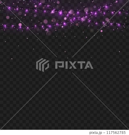 Purple fairy lights with glowing sparkles on a transparent background. Vector 117562785