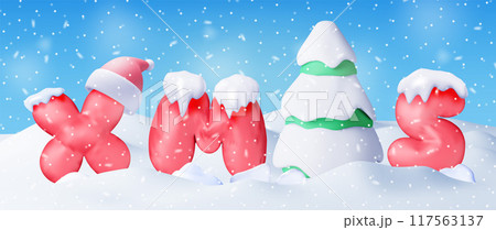 3D Christmas tree in snow, red balloon xmas word 3D Christmas tree in snow, red balloon xmas word 117563137