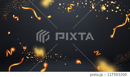 3D party gold confetti on black background. 3D party gold confetti on black background. 117563200