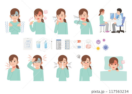 風邪の諸症状　女性　セット 117563234