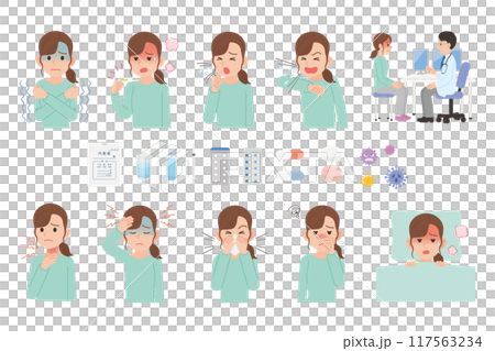 風邪の諸症状　女性　セット 117563234
