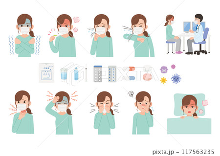 風邪の諸症状　女性　セット 117563235