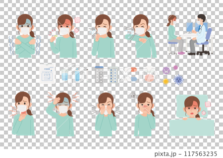 風邪の諸症状　女性　セット 117563235