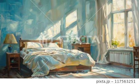 ナチュラルテイストのベッドルームの油絵のイラスト素材 [117563251