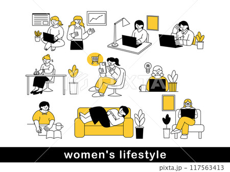 テレワークをする女性のビジネスパーソンのイラスト素材 117563413