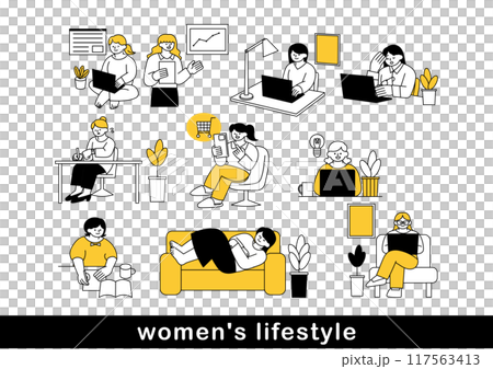 テレワークをする女性のビジネスパーソンのイラスト素材 117563413