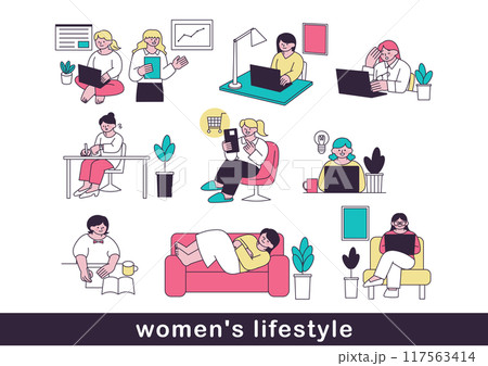 テレワークをする女性のビジネスパーソンのイラスト素材 117563414
