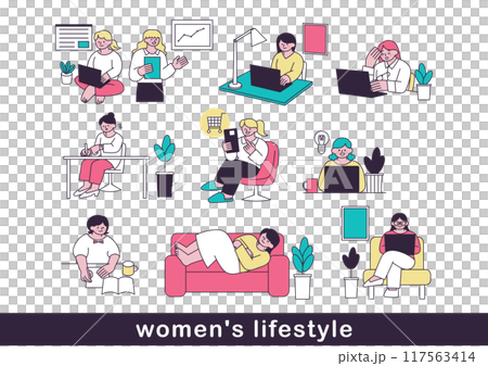 テレワークをする女性のビジネスパーソンのイラスト素材 117563414