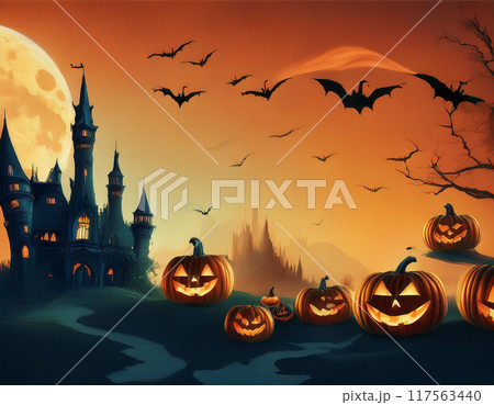 ハロウィンのイラスト背景（バック,アメリカ,城,シルエット,かぼちゃ,コウモリ） 117563440