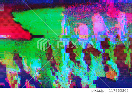 Abstract glitch art with green, pink, and blue fragmented pixelated textures Abstract glitch art with green, pink, and blue fragmented pixelated textures 117563863