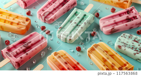 Banner with Colorful Fruit Popsicles with Raspberries and Ice Cubes on Light Blue Background 117563868