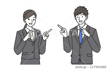 横を指さすスーツを着た男性と女性のイラスト 117563880