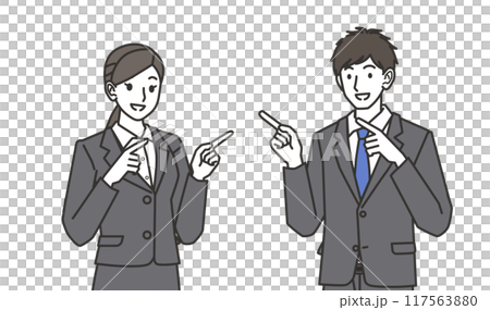 横を指さすスーツを着た男性と女性のイラスト 117563880